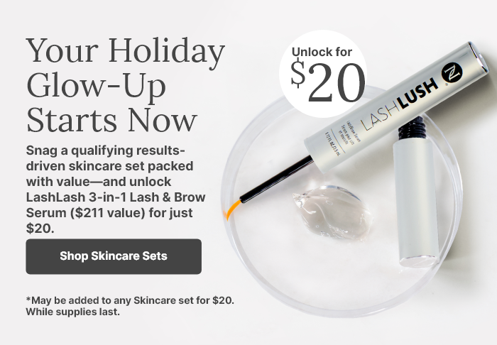 Holiday skincare promotion featuring LashLash 3-in-1 Lash & Brow Serum on a clear dish with gel, highlighting limited-time $15 offer ($114 value) when purchased with qualifying skincare sets.